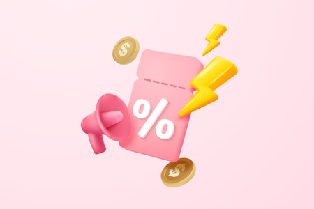 3D coupon icon with megaphone speaker for sales and shopping online, discount coupon of cash. flash lightning on time alert notice special offer promotion. 3d price tag icon vector render illustrationのイラスト素材