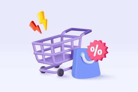 3d shopping bag with price tags for online shopping and digital marketing concept. Basket and promotion tag on purple background. Shopping bag for buy, sale, discount. 3d vector icon illustrationのイラスト素材