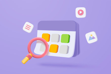 3d calendar marked date and time for reminder day. Calendar with search bar or magnifying glass for schedule appointment, event day, holiday planning. 3d magnifier icon vector render illustrationのイラスト素材