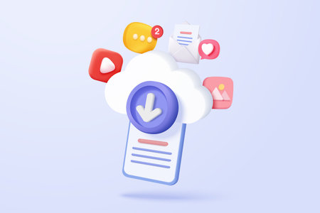 3d download data to cloud computing with mobile phone concept for digital file sharing and data transfer system. download multimedia to smartphone. 3d cloud storage icon vector render illustrationのイラスト素材