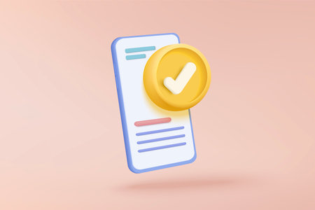 3d check mark icon isolated on mobile phone. check list button best choice for right, success, tick, accept, agree on application. choose icon vector with shadow 3D rendering illustrationのイラスト素材