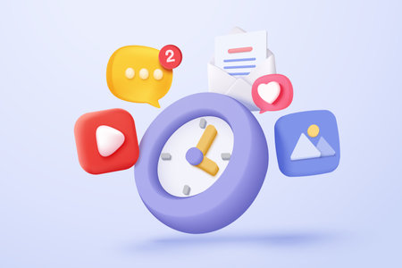 3d alarm clock icon for success delivery with media for management multimedia file document. Image and video document folder on digital file. 3d clock bubble icon vector render illustrationのイラスト素材
