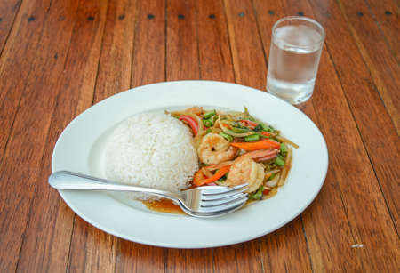 Fried basil leave with shrimp, Thai cuisineの写真素材