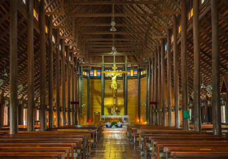 inside of Ban Song Yae church, The Largest  wooden church in Thailand at Yasothon provinceのeditorial素材