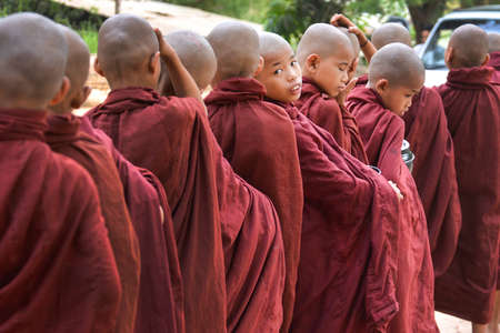 Bagan, Myanmar - April 22, 2016 : Little Buddhist  monks looking at cameraのeditorial素材