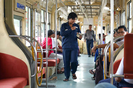 Yangon, Myanmar - April 25, 2016 : inside Yangon Tram. begun service on 11 January 2016, using a single 50-year old tram from Hiroshima, Japanのeditorial素材