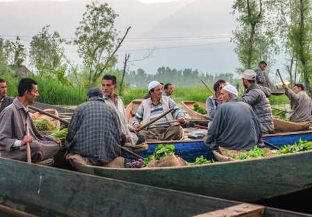 Srinagar, India - 25 April, 2017 :  Kashmiri man  taking their produce to the Dal Lake early morning floating marketのeditorial素材