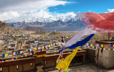 The city of Leh,  Leh city is located in the Indian Himalayas at an altitude of 3500 meters.  viewed from Leh Palaceの写真素材