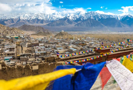 The city of Leh,  Leh city is located in the Indian Himalayas at an altitude of 3500 meters.  viewed from Leh Palaceの写真素材