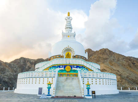 View of Tall Shanti stupa with clear sky in Leh, Ladakh, northern India.のeditorial素材