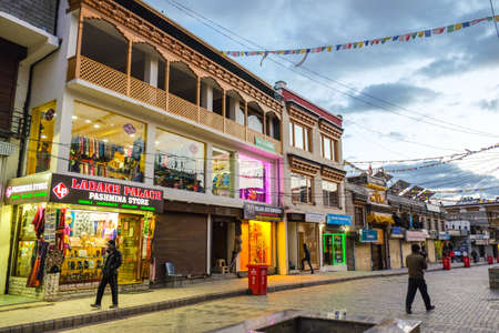 Leh, India - April 26,2017 : Leh city walking street view with many shop. Main Bazaar in Leh Ladakh, Jammu, Indiaのeditorial素材