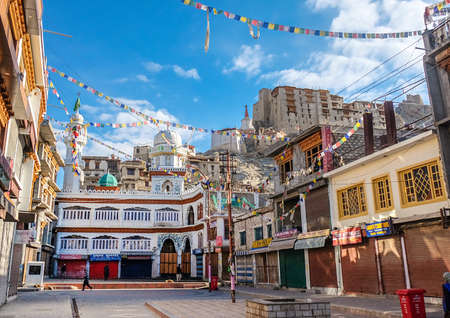 Leh, India - April 28,2017 : Jama Masjid  and Leh Palace. View from Main Bazaar in Leh  Ladakh, Jammu, Indiaのeditorial素材