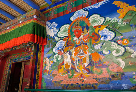 Leh, India - April 28, 2017 :Tamdrin (or Hayagriva) the horse-headed wrathful deity painting on wall at  Lamayuru monastery in Ladakh, Indiaのeditorial素材