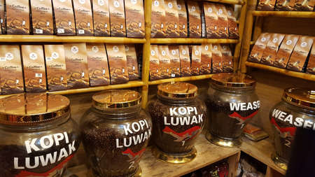 Hanoi, Vietnam - 20 Feb, 2017 : Inside of a Vietnamese coffee shop at an old quarter street of Hanoi capital with many kind of coffee such as robusta, arabica, kopi luwak, mokaのeditorial素材