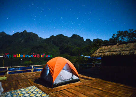 Doi luang mountain in Chaing dao at midnight from balcony with stars, Chaing mai , Thailand