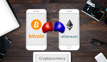 Concept of  Cryptocurrency Bitcoin and ethereum battle  