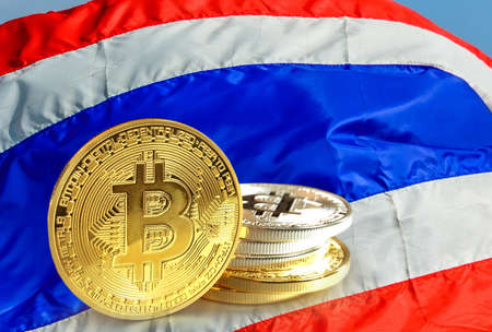 Bitcoin coins on Thailand's flag, Cryptocurrency concept photoの写真素材