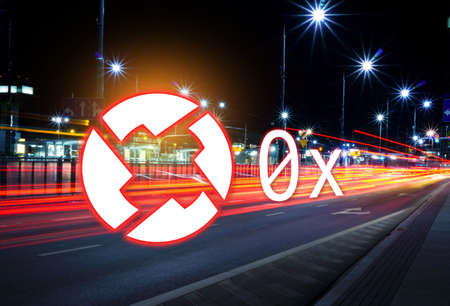 Concept of 0x coin  moving fast  on the road, a Cryptocurrency blockchain platform , Digital moneyの写真素材