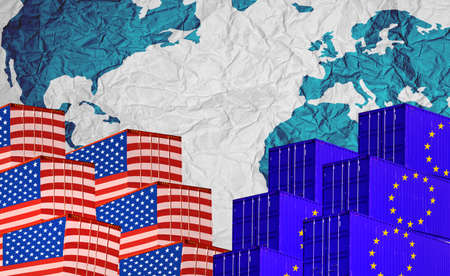 Concept image of  USA-EU trade war, Economy conflict, US tariffs on exports to EU, Trade frictions