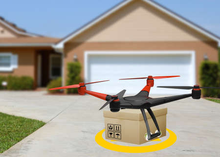 Concept of Drone package delivery services. Shipment innovation technology, online shopping delivery system.の写真素材