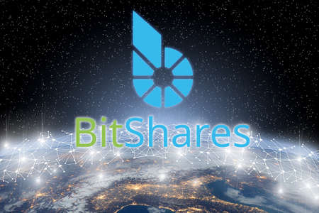 Concept of Bitshares coin floating over world network, a Cryptocurrency blockchain platform ,...