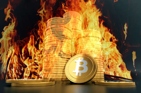 Bitcoin buring in Bonfire, Price Value fall down  concept photoの写真素材