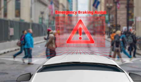 Emergency Braking Assist (EBA) sysyem to avoid car crash concept.の写真素材