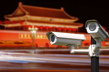 Smart surveillance CCTV cameras, spies people, track identify, no privacy concept, in China.