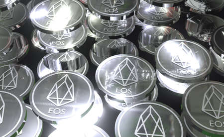 EOS coins, Blockchain concept. 3D rendering
