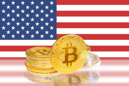 Bitcoin coins on USA 's Flag, Cryptocurrency, Digital money concept photoの写真素材