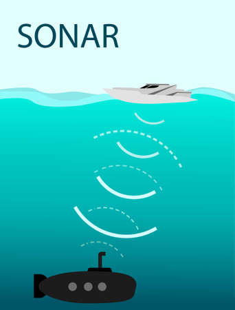 Sonar (Sound navigation and ranging) boat and submarine graphic vectorのイラスト素材