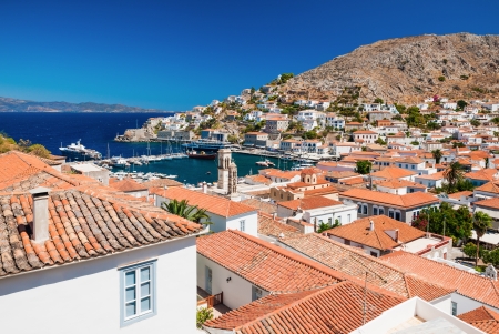 Overview of the beautiful island of Hydra, Greece, showing its main town and portの写真素材
