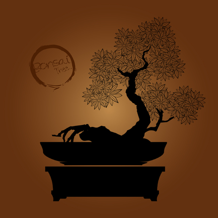 Japanese hawthorn bonsai in bloom. Black silhouette of bonsai. Detailed image. Vector illustration.のイラスト素材