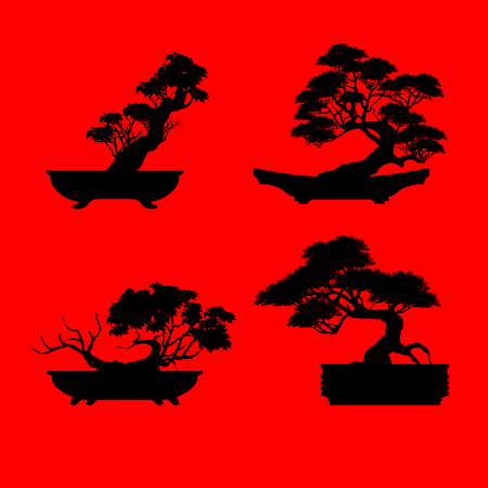 A set of Bonsai, Black silhouette of bonsai. Detailed image. Vector illustrationのイラスト素材