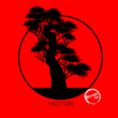 Bonsai tree, Black silhouette of bonsai, Detailed image, Vector illustration,のイラスト素材