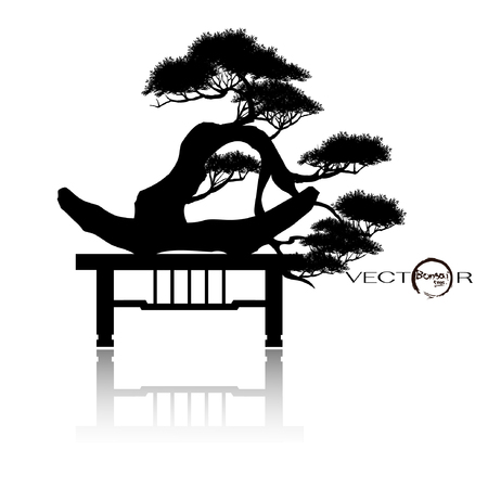 Japanese hawthorn bonsai in bloom, Black silhouette of bonsai. Detailed image. Vector illustration.のイラスト素材