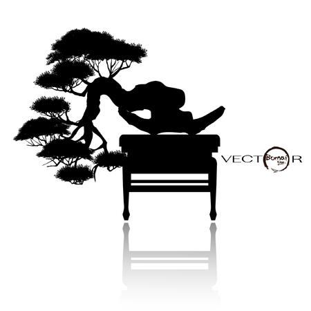 Japanese hawthorn bonsai in bloom, Black silhouette of bonsai. Detailed image. Vector illustration.のイラスト素材