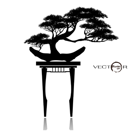 Japanese hawthorn bonsai in bloom, Black silhouette of bonsai. Detailed image. Vector illustration.のイラスト素材