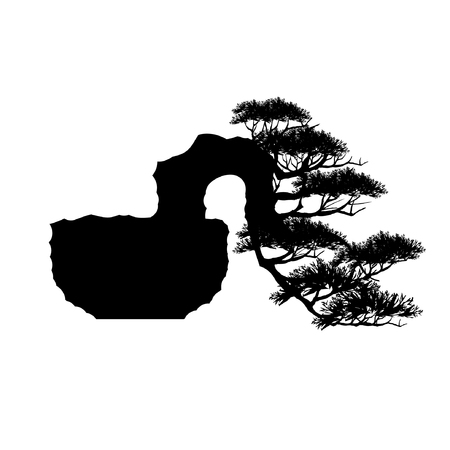 Japanese bonsai tree, plant silhouette icon   on white background, Black silhouette of bonsai. Vector illustration.のイラスト素材