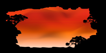 View of natural scenery, Beautiful Sky background, vector of realistic landscape for web. Black silhouette of trees and natural rocks on a colorful background. Illustration.のイラスト素材