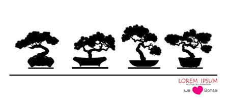 Set of Bonsai tree, black silhouette of bonsai, Detailed image, Vector illustration, Japanese and Chinese trees. Mini tree in pot on white background.のイラスト素材