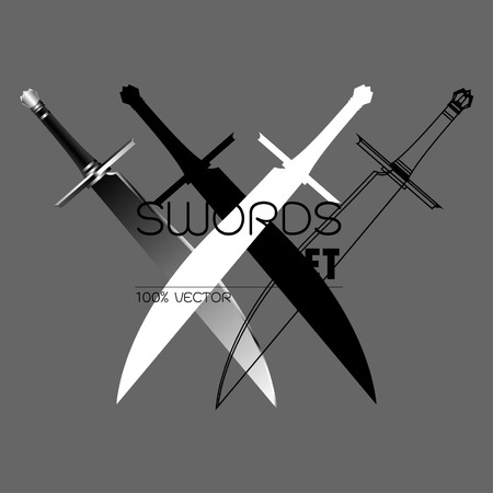 Swords Vector Collection on Background, Military sword  ancient weapon design silhouette, Ancient Europe weapon of swords. Viking's sword, sword knights crusaders,のイラスト素材