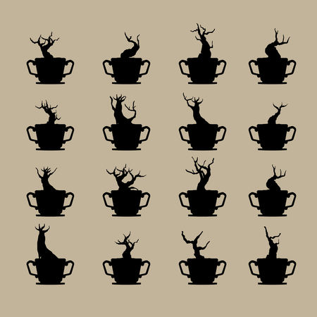 branches and shadows of bonsai tree.  plant silhouette icons on background.のイラスト素材