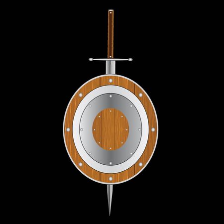 shield with crossed swords. Vector illustration isolated on white background, Military sword  ancient weapon design silhouette, European straight swords, vector illustration.のイラスト素材