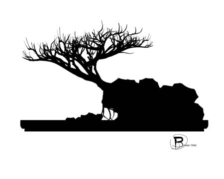 Japanese bonsai tree and stone, Black silhouette of bonsai. Detailed image. Vectorのイラスト素材