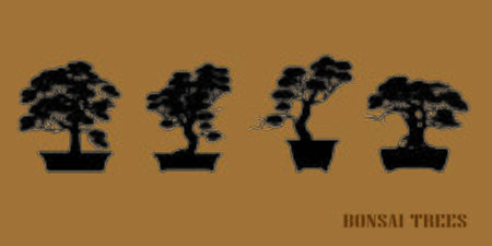 set of Bonsai, Black silhouette of bonsai. Detailed image. Vector illustration. Decorative arts. Mini tree in pot. Dwarf tree decoration art.のイラスト素材