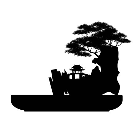 bonsai tree on the rock and Chinese architecture, vector illustration, mini treeのイラスト素材