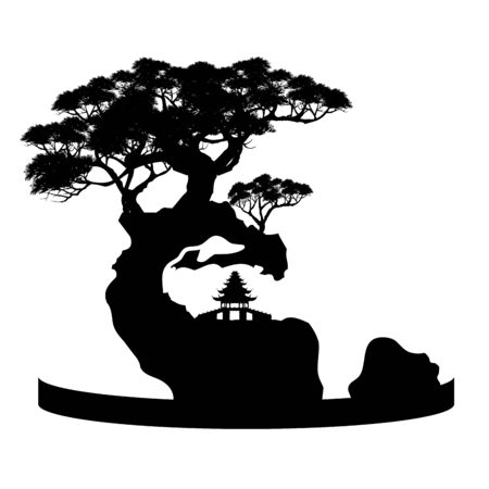 bonsai tree on the rock and Chinese architecture, vector illustration, mini treeのイラスト素材