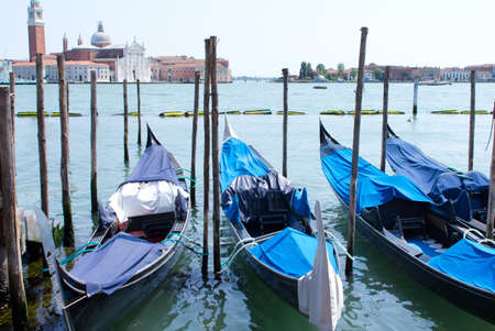 Gondolas on Grand Canal and San Giorgio Maggiore church in Veniceの写真素材