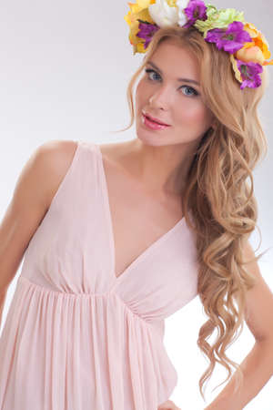 Tender beauty portrait of bride with  flower wreath in hairの写真素材